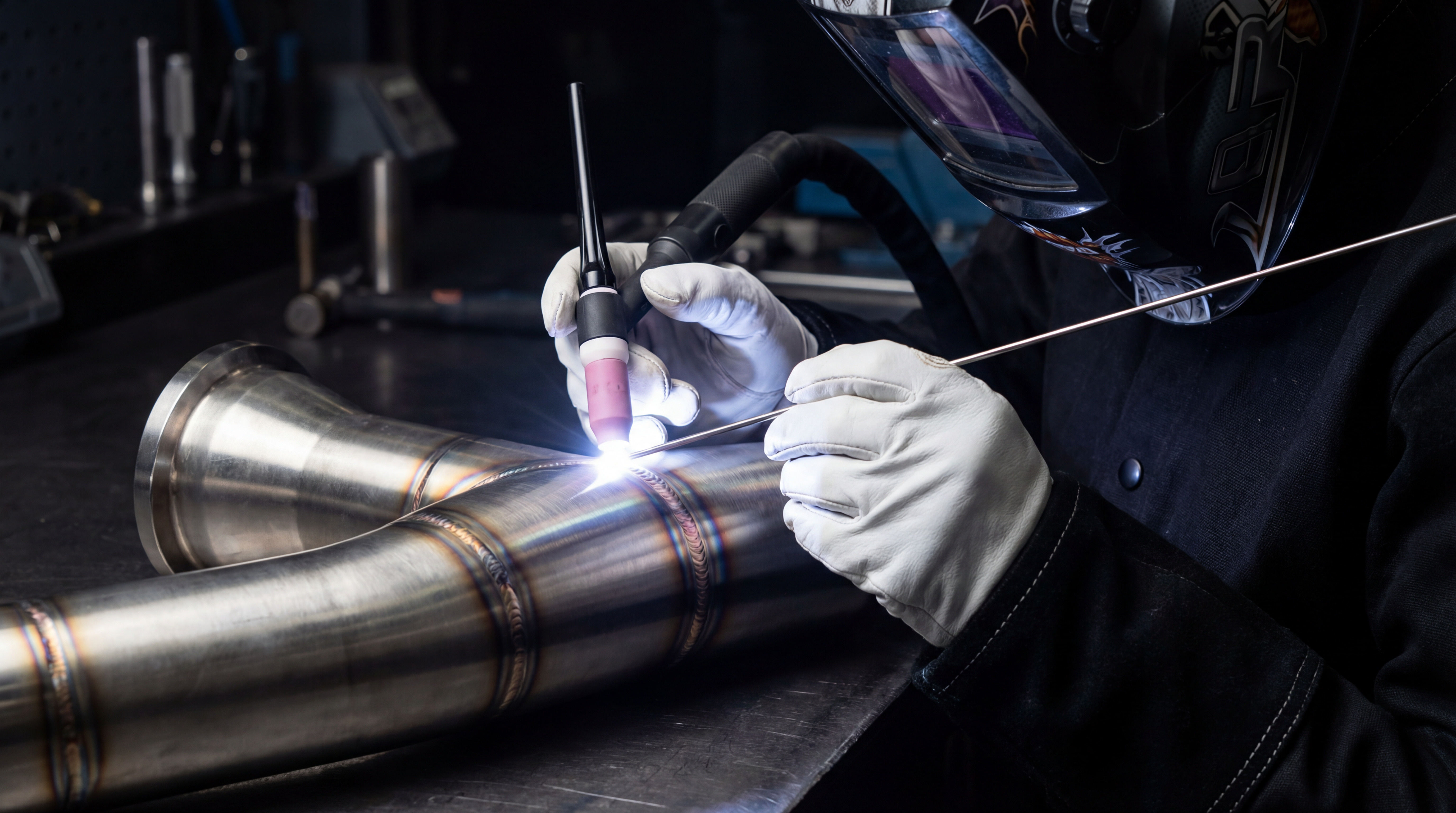 Skilled professional welder carefully performs a precision TIG weld on a custom stainless steel pipe, showcasing the art of metal fabrication