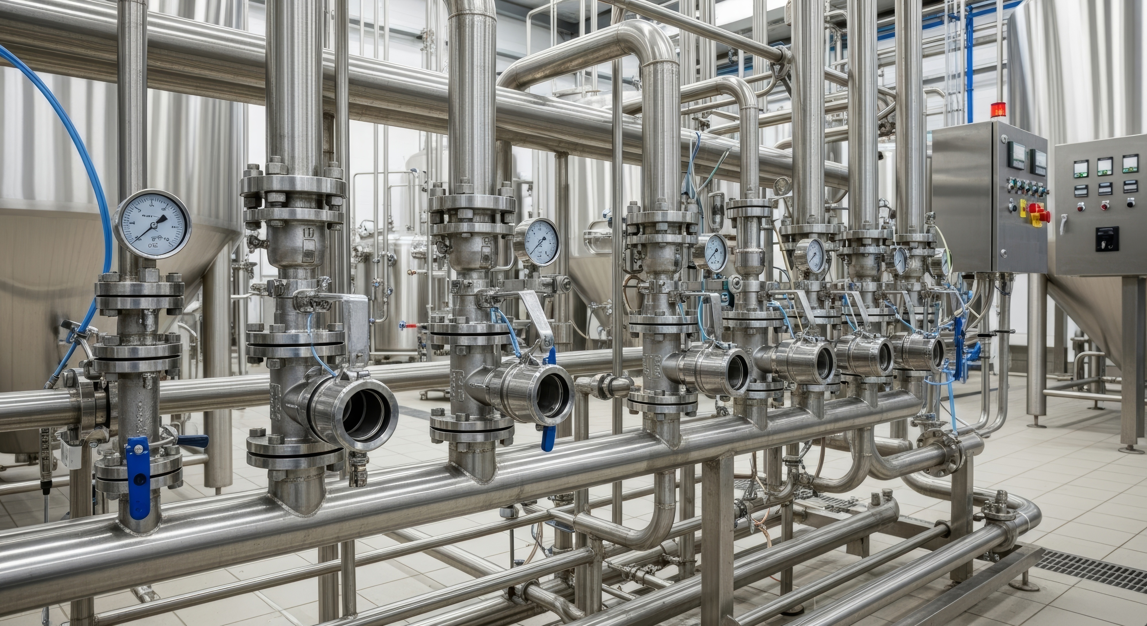 Stainless steel pipe system in brewery. Industrial equipment with pressure gauge and control panel at beverage production facility. Pipeline engineering for sanitary fluid processing.